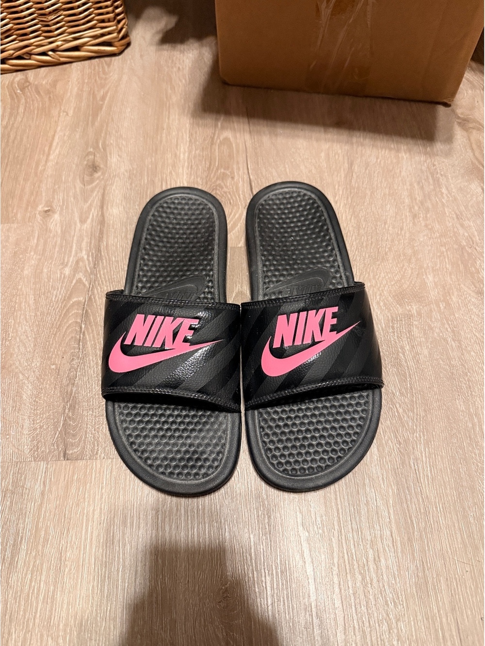 Nike Black and Pink Slide Sandals Size 10